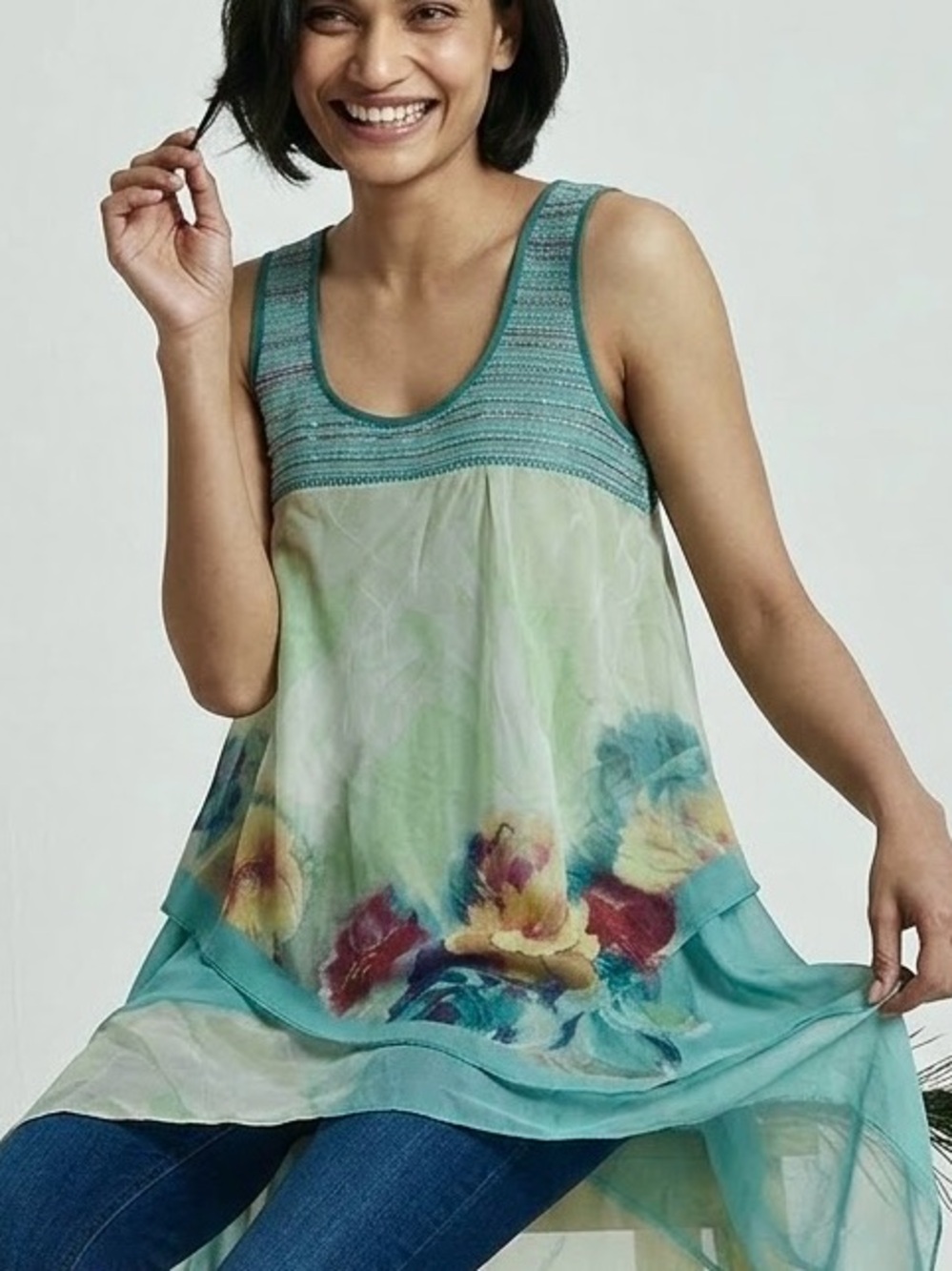 Satya Paul Silk Asymmetrical Floral Tunic Top S
